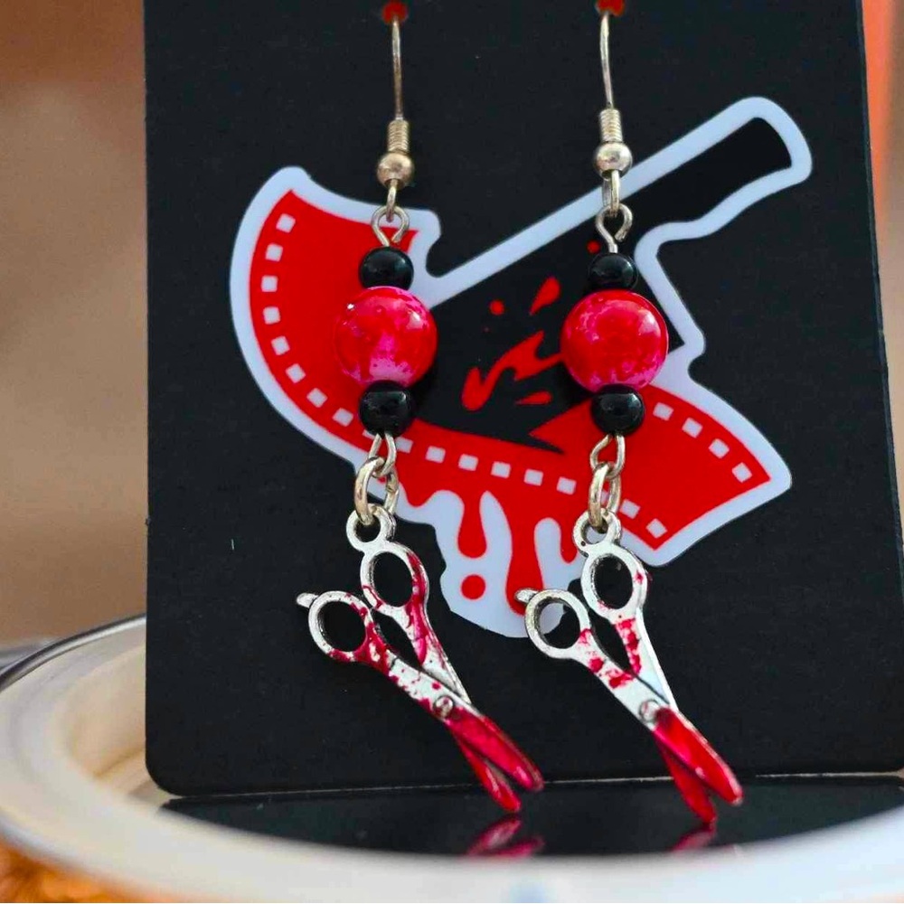 Spooky, handmade in the US bloody scissor earrings 👻